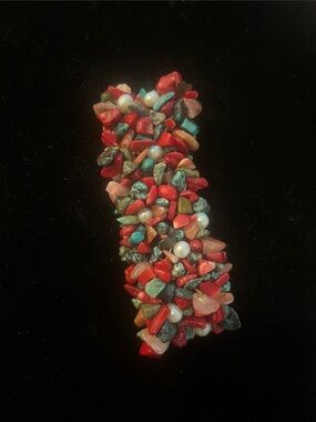 Multicolor Chip Bead Stretch Bracelet - Red, Turquoise & Pearl Accents